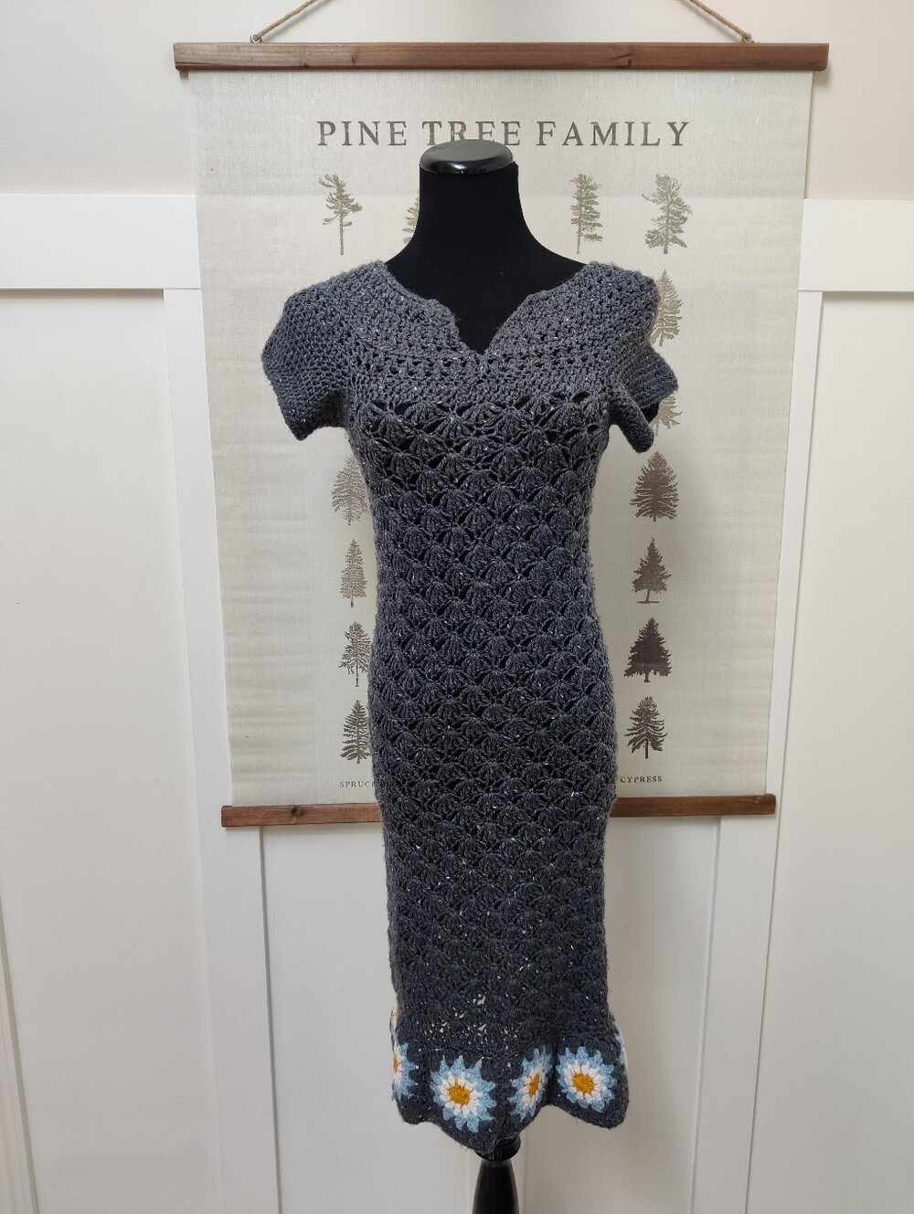 Handmade Crochet Sparkle Midi Dress Gray Daisy Granny Square Hem Small/Medium